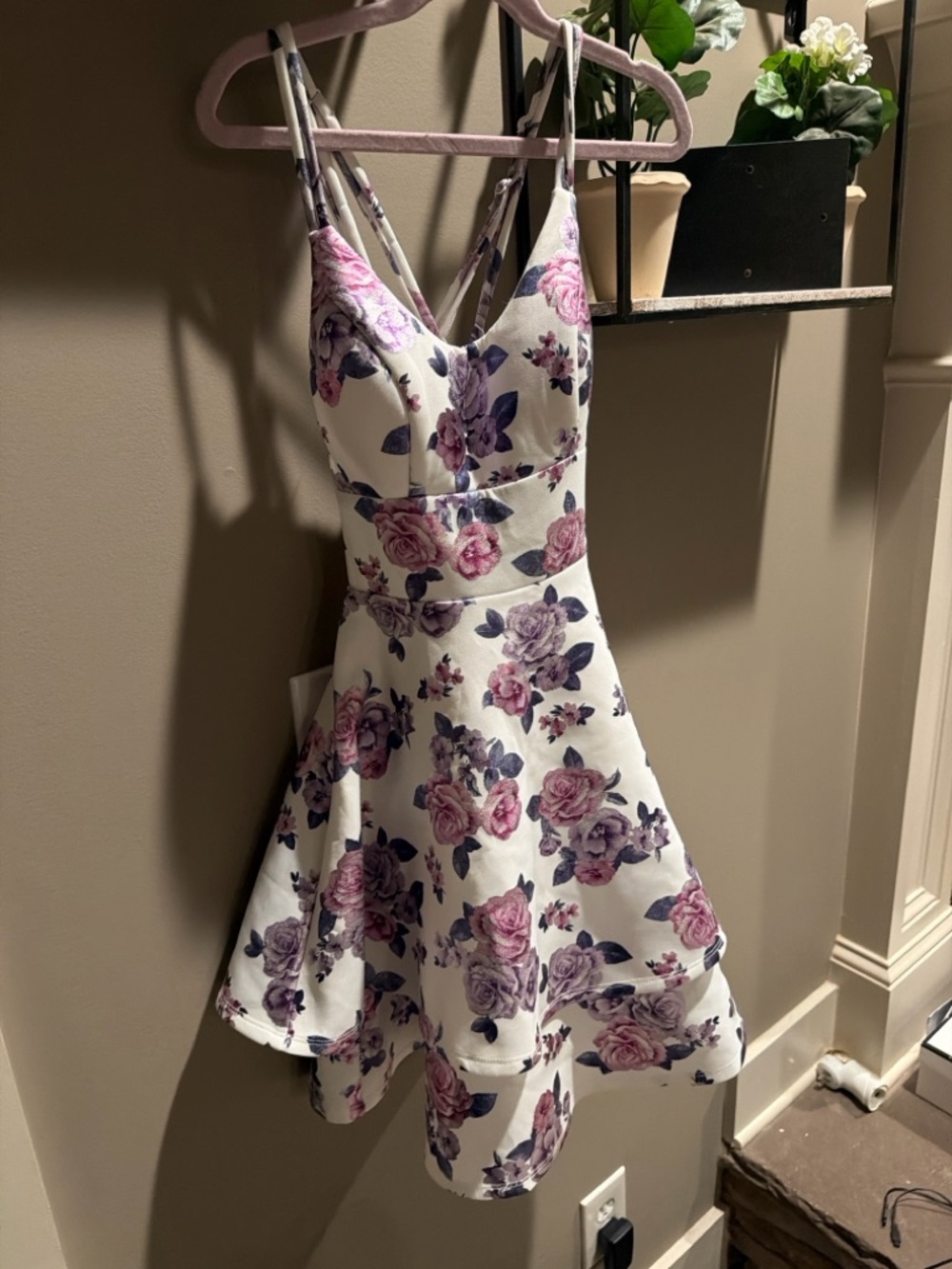 Juniors White Floral Fit-and-Flare Dress with Pink & Purple Roses